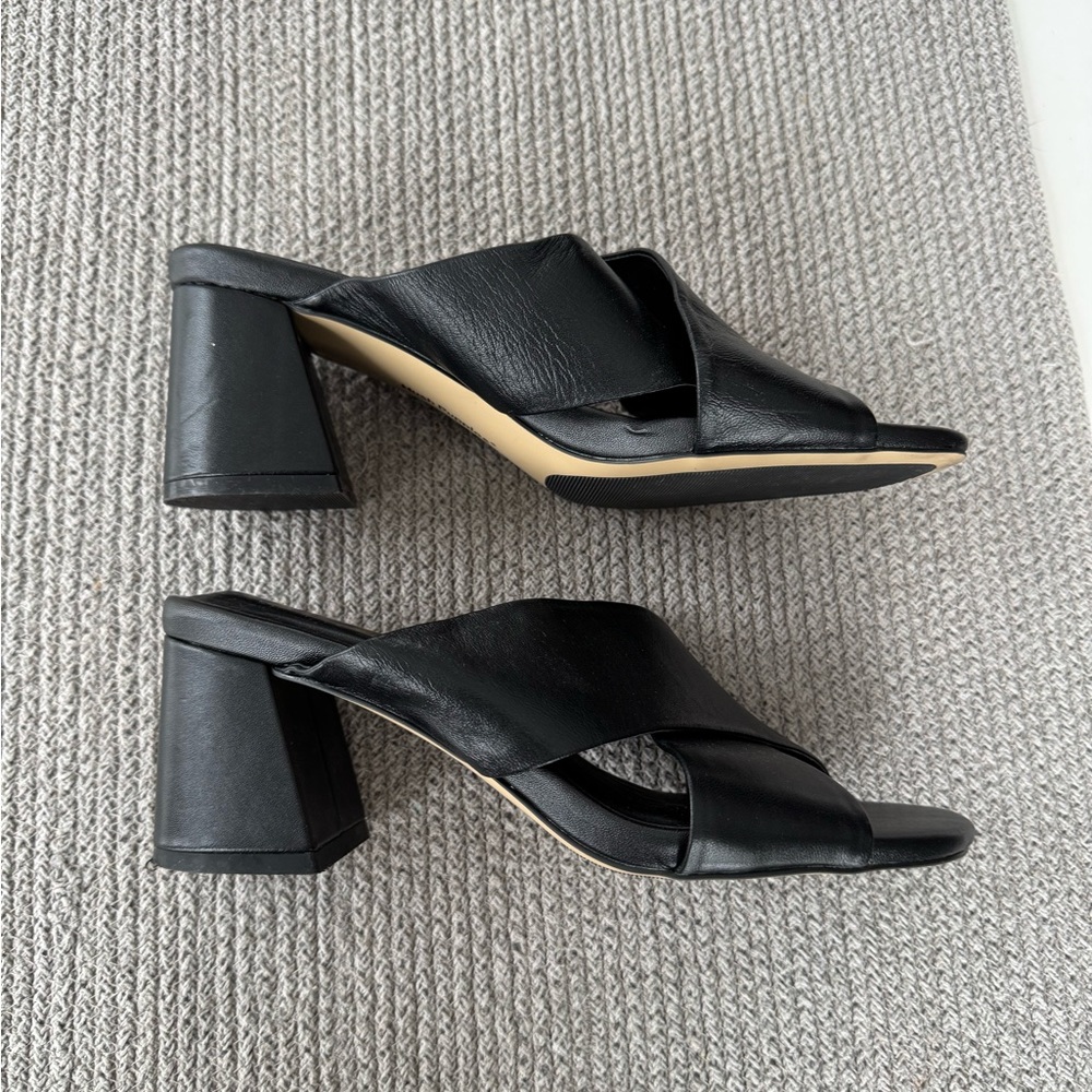 Hush Puppies Ella Black Leather Sculptural High Heel Slides Sandals Sz 9 41